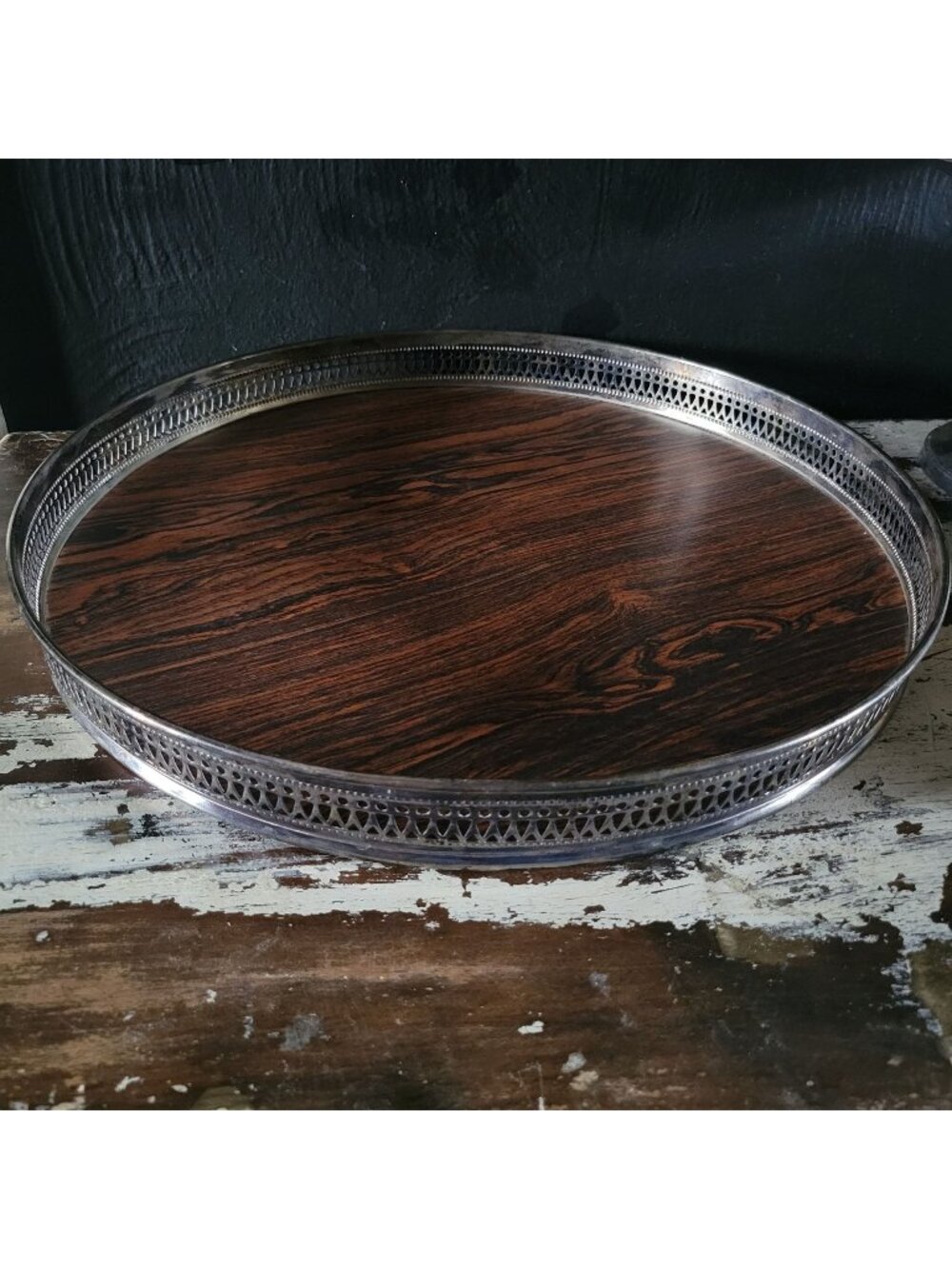 Vtg Sheffield Bar Tray Faux Wood Formica Surface & Pierced Silverplate Rim 14.5"